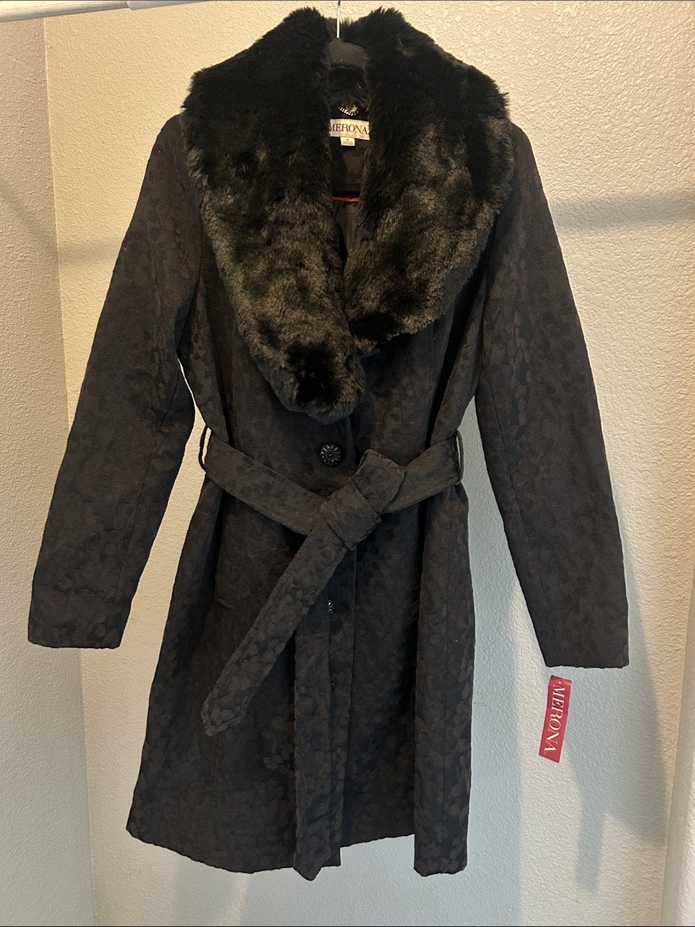 Merona Black Belted Trench Coat with Faux Fur Collar size XL